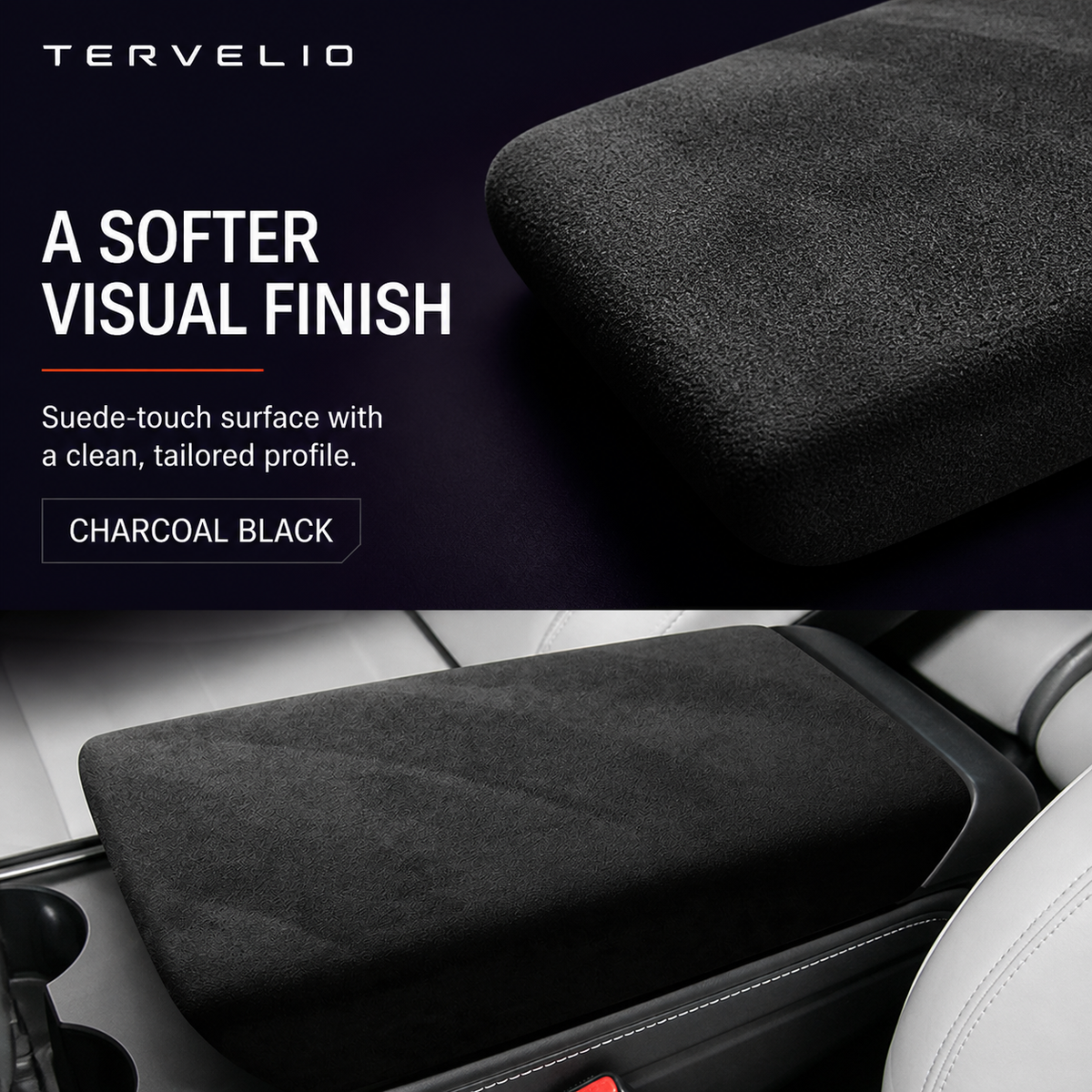Suede Armrest and Rear Screen Trim for Refreshed Tesla Model 3/Y — Suede-touch surface