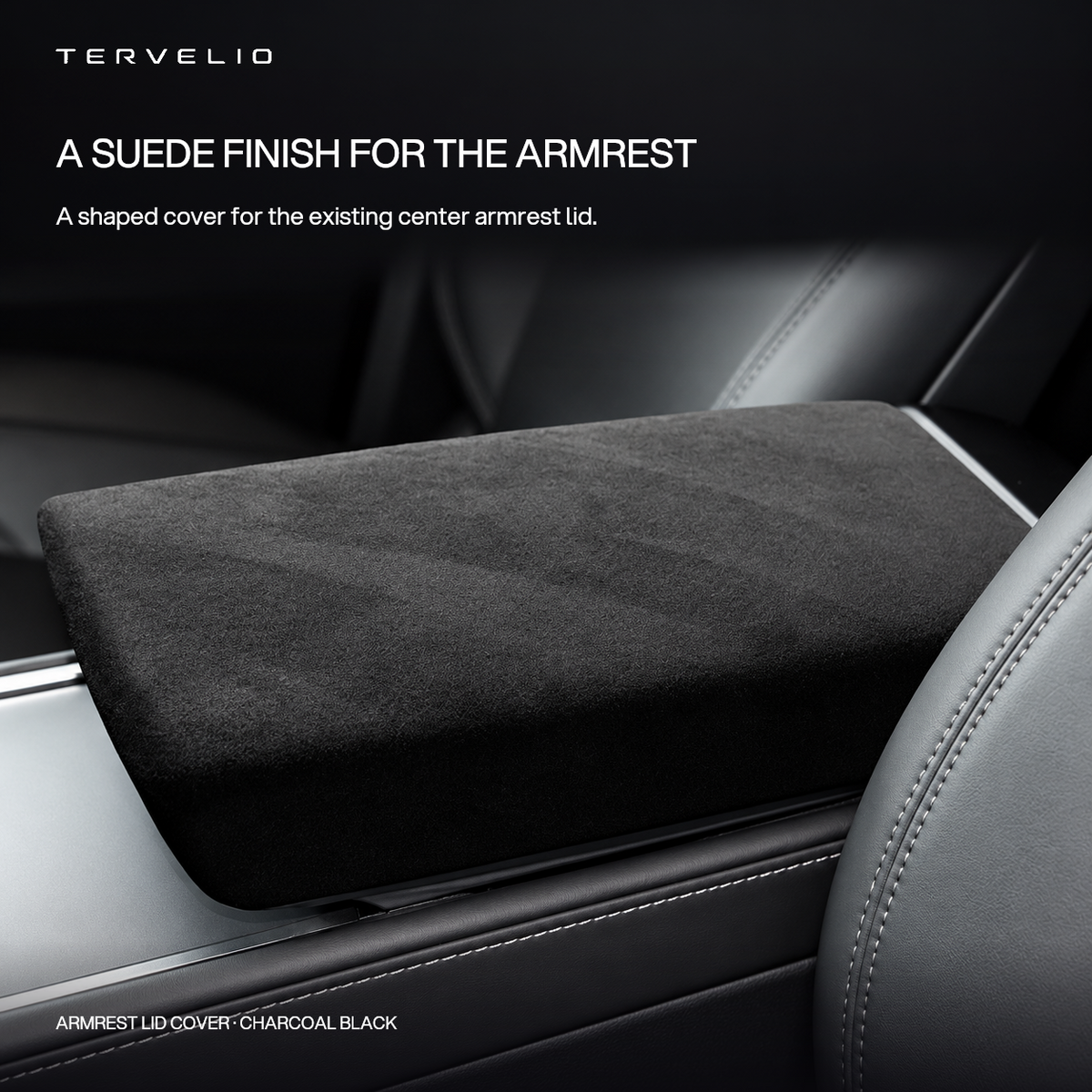 Charcoal suede-finish cover fitted over a center armrest lid.
