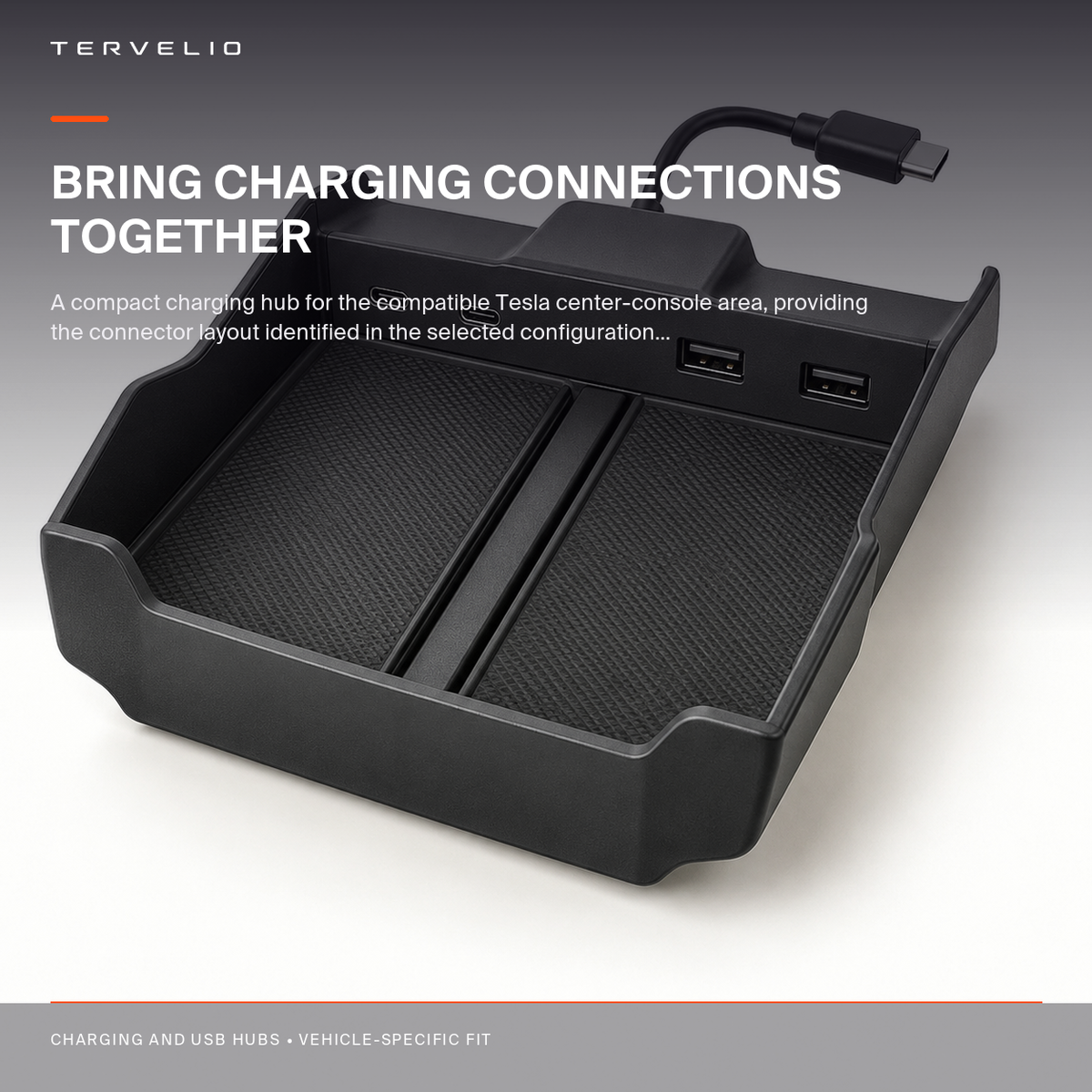 Center Console Charging Hub for 2021–2024 Tesla Models installed in the compatible Tesla center-console area