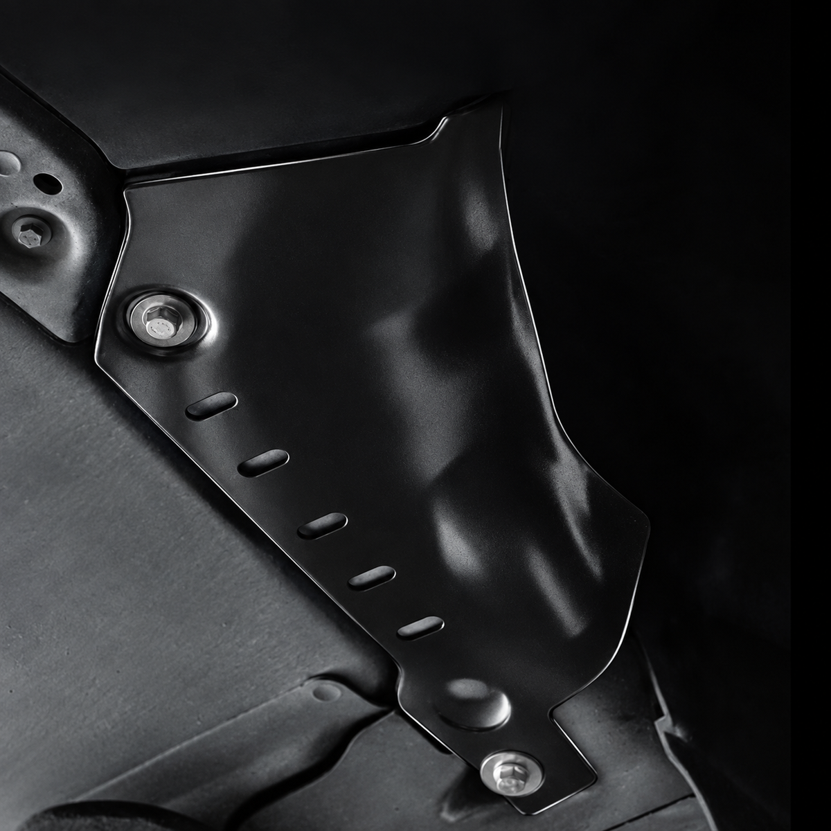 Close-up of the guard's mounting seats and elongated slots in the supplier installation.