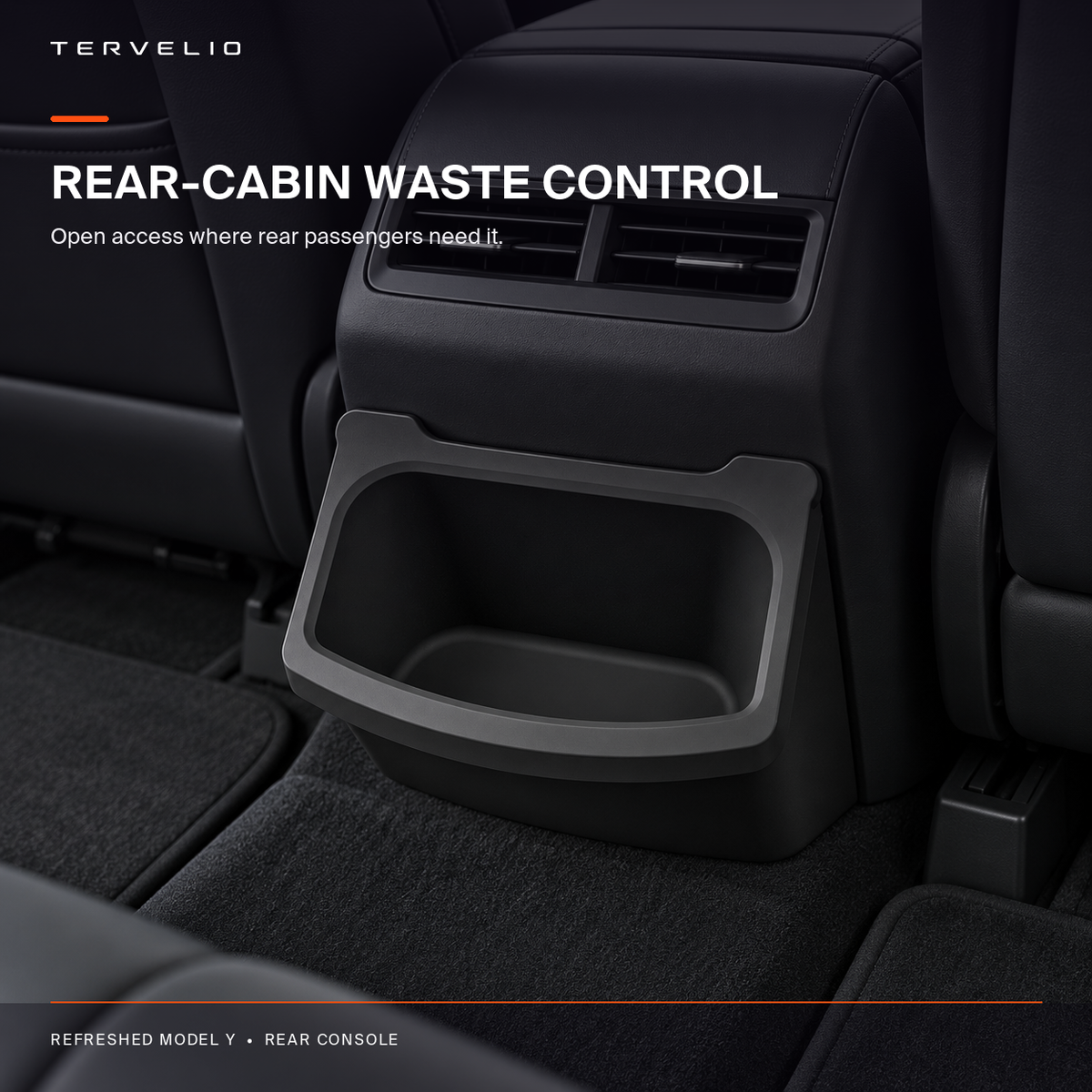 Rear-console waste bin positioned for rear-passenger access