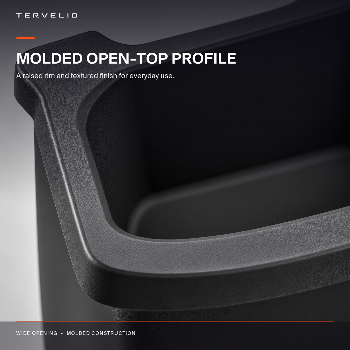 Close view of the molded waste-bin rim and interior