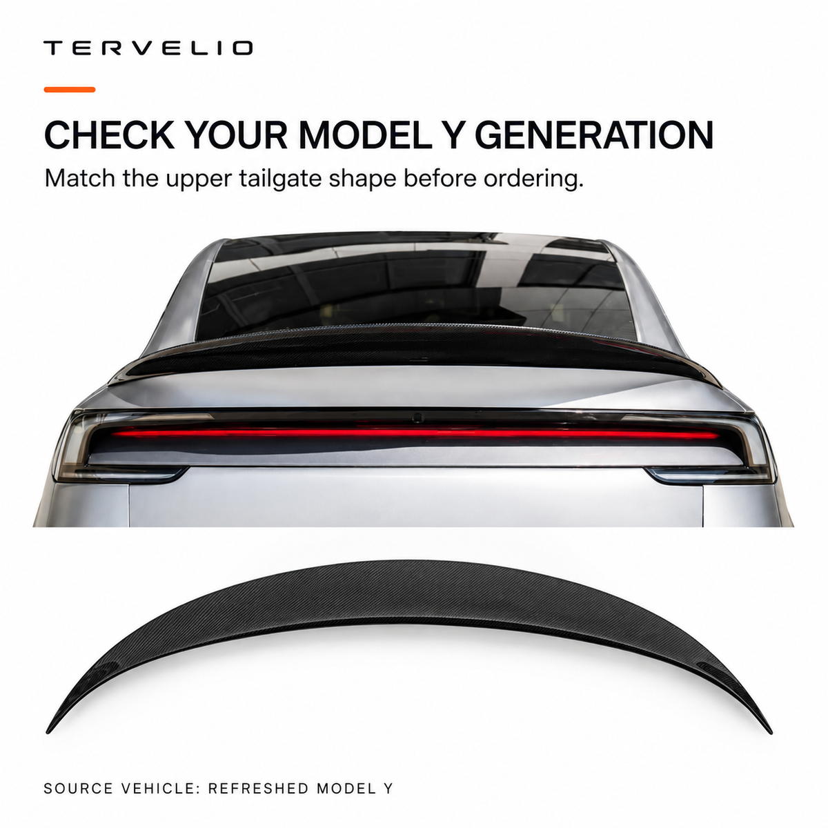 Rear-facing upper tailgate reference and detached spoiler for vehicle generation and mounting-area comparison.