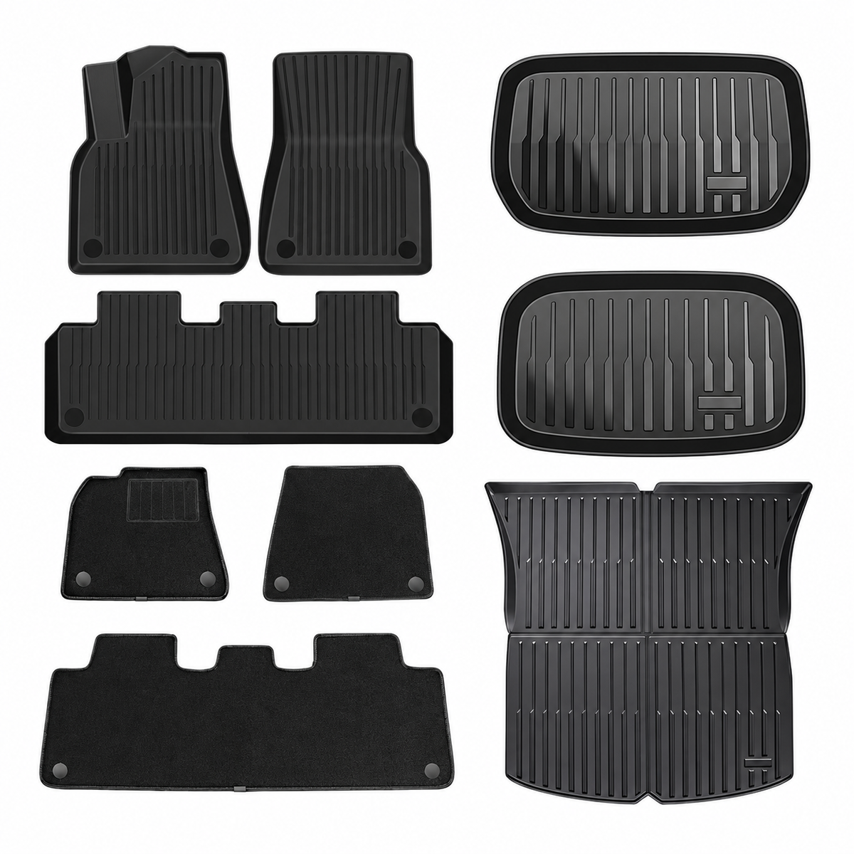 Model Y floor and cargo mat bundle, nine-piece package with molded mats, carpet inserts and cargo mats on white background