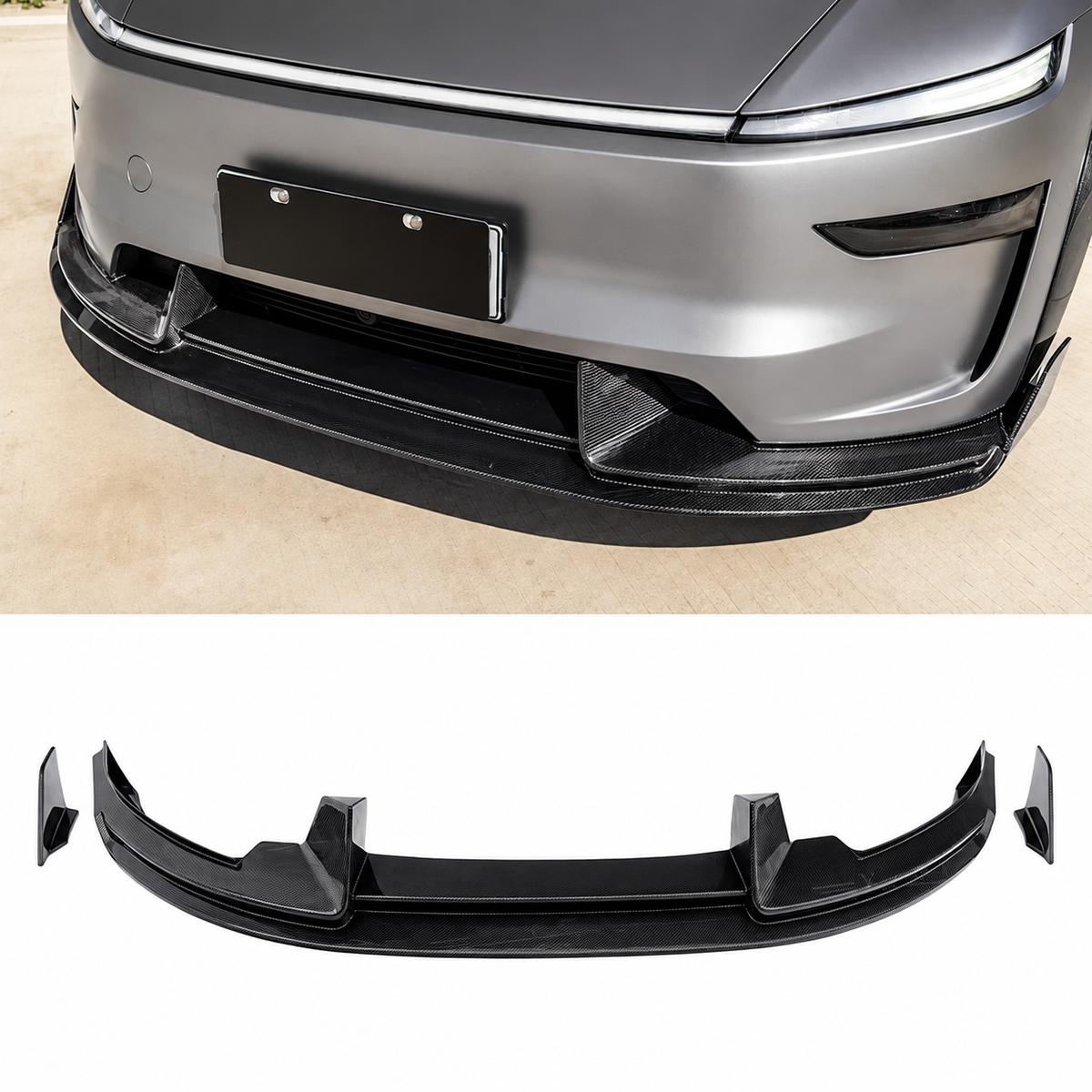 TERVELIO front lip shown installed on the supplier's refreshed Model Y, with the detached lip and two side pieces below; other body-kit parts are not included.