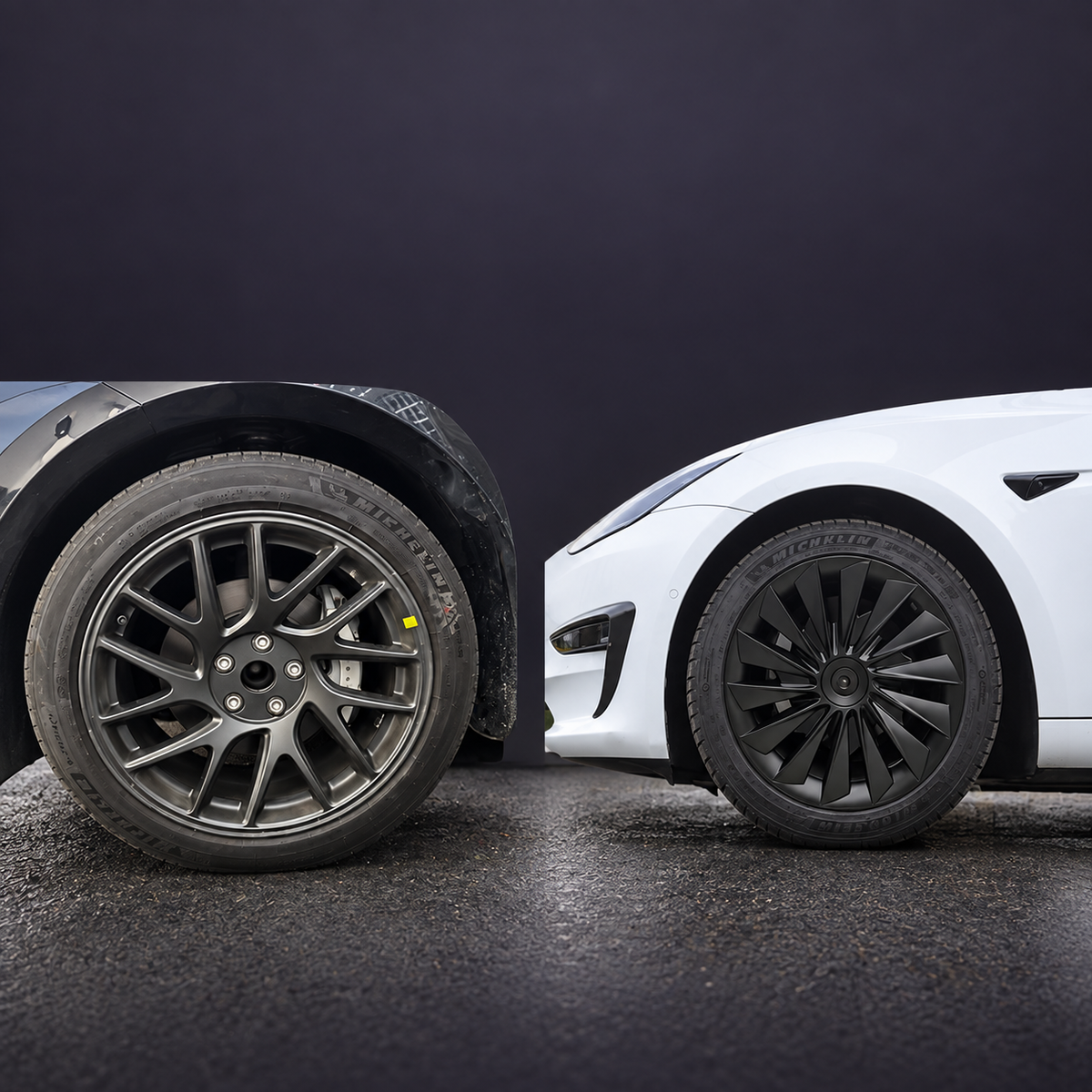 Supplier reference photographs of an uncovered wheel and a black wheel cover on different vehicles.