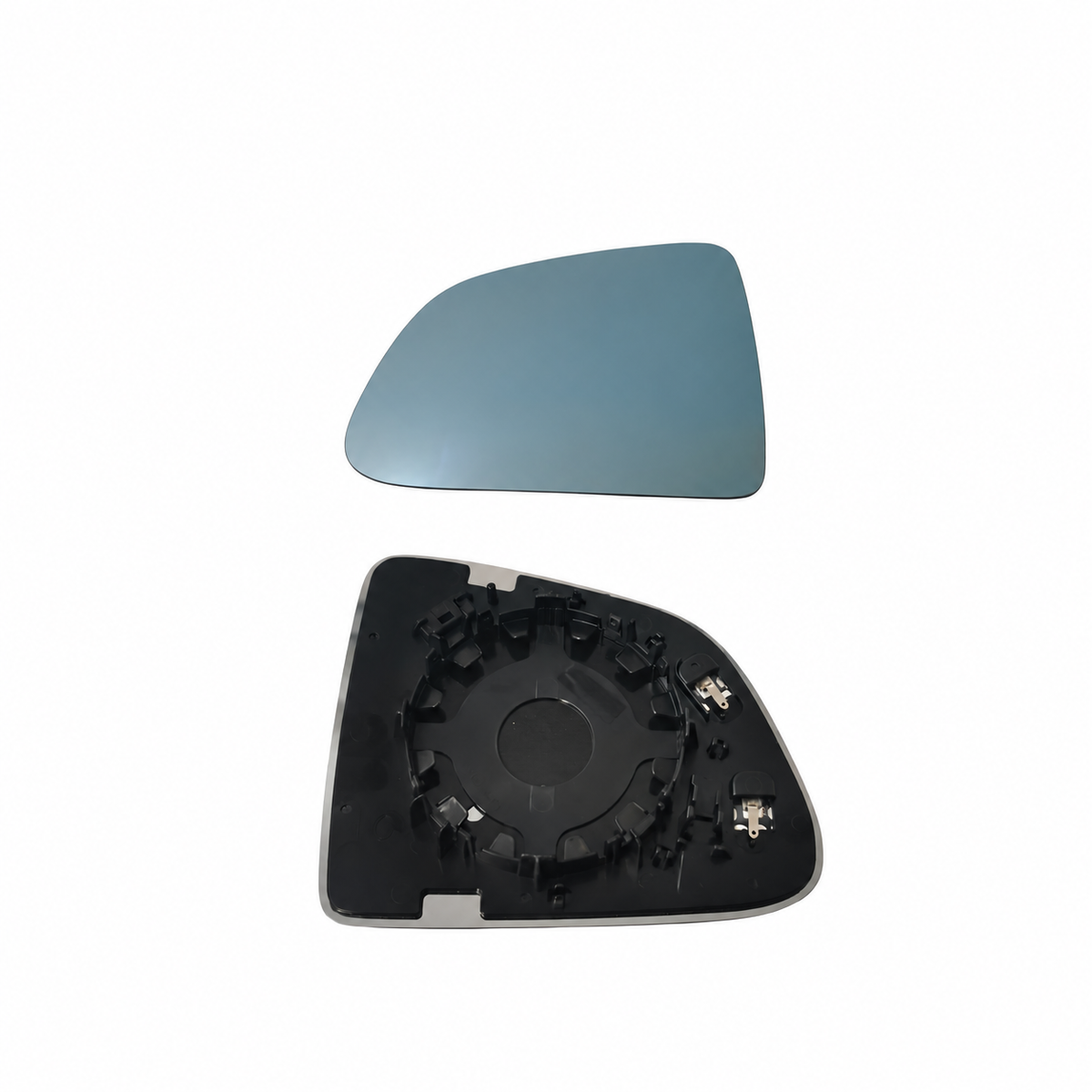 Supplier front-and-back reference for one blue-tinted mirror glass: reflective face above and black mounting backing with two electrical terminals below; not a two-piece package.