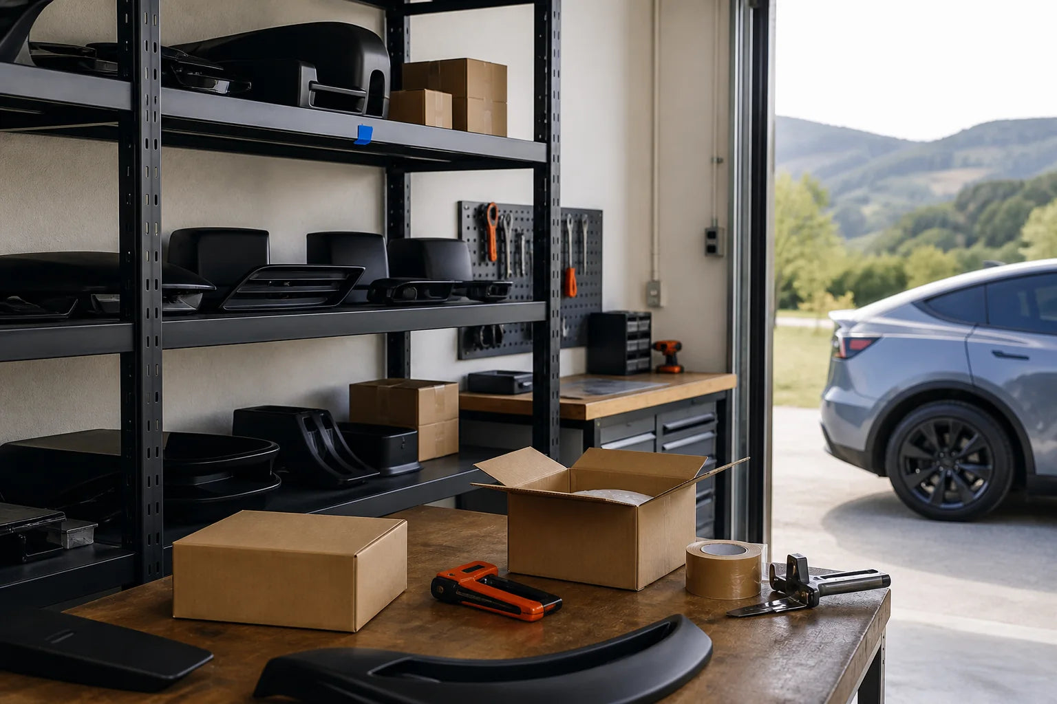 Wide ambience shot — the test car in the workspace, parts laid out beside it