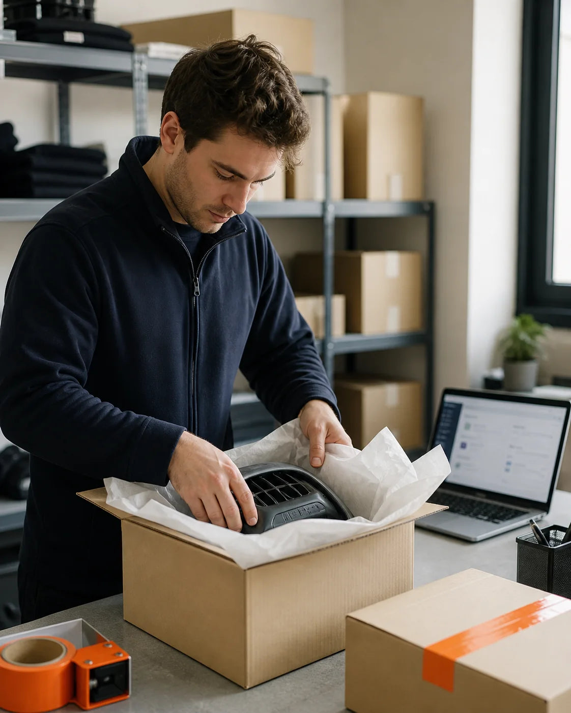 Portrait, working — packing an order or on a support call