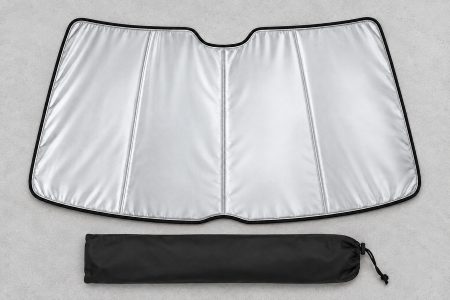 Silver windshield sunshade and black pouch lying flat on a grey work surface