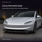 Matte-black front splitter installed on a silver Tesla Model 3 Highland