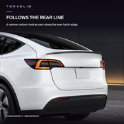 Narrow carbon-look spoiler installed along the rear hatch edge of a white legacy Model Y