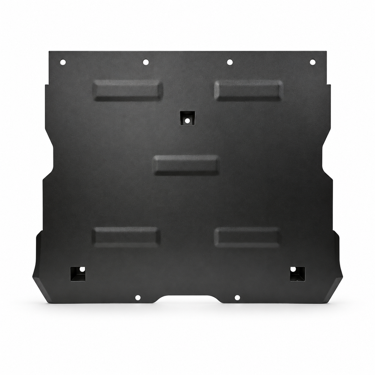 Black formed-steel front motor guard for Tesla Model 3 on a clean white background