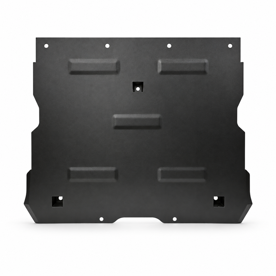 Black formed-steel front motor guard for Tesla Model 3 on a clean white background