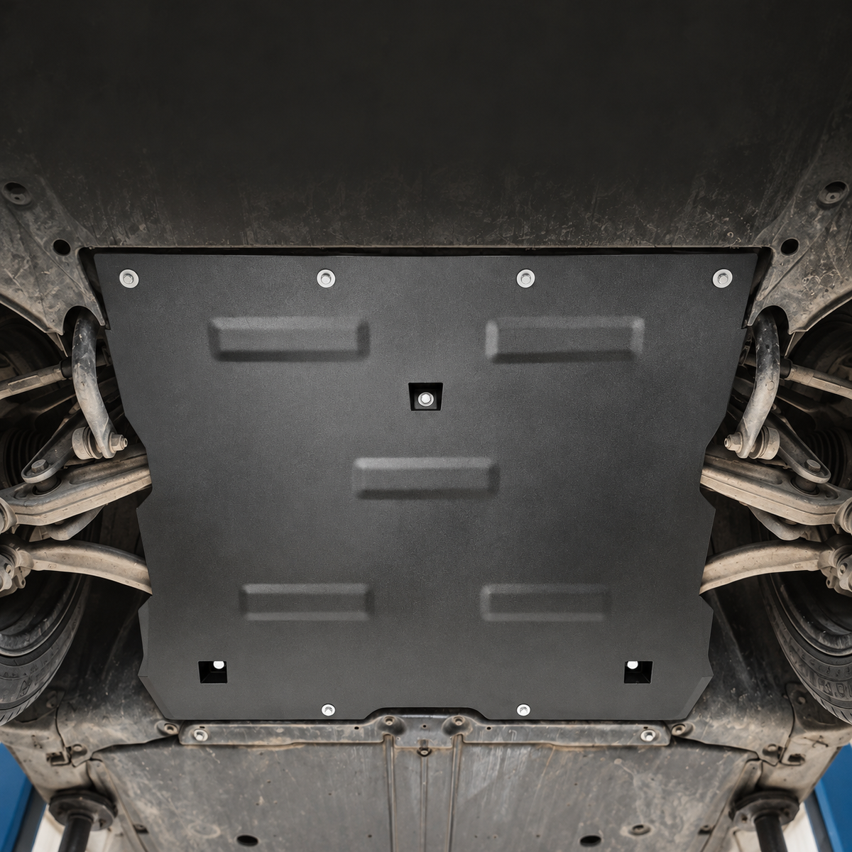 Steel front motor guard shown installed at the Model 3 AWD front underbody