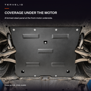 Steel front motor guard shown installed at the Model 3 AWD front underbody