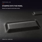 Raised stamped rib and matte-black coated steel surface of the front motor guard