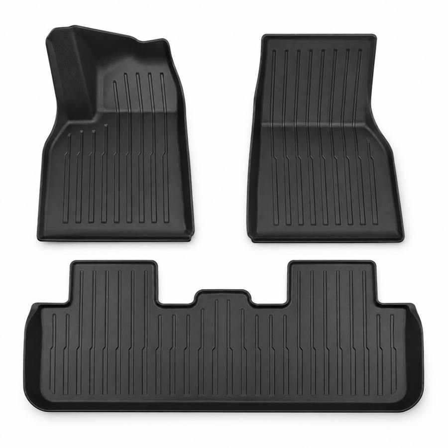 Three black TPE cabin floor mats for five-seat left-hand-drive Tesla Model Y Juniper on white
