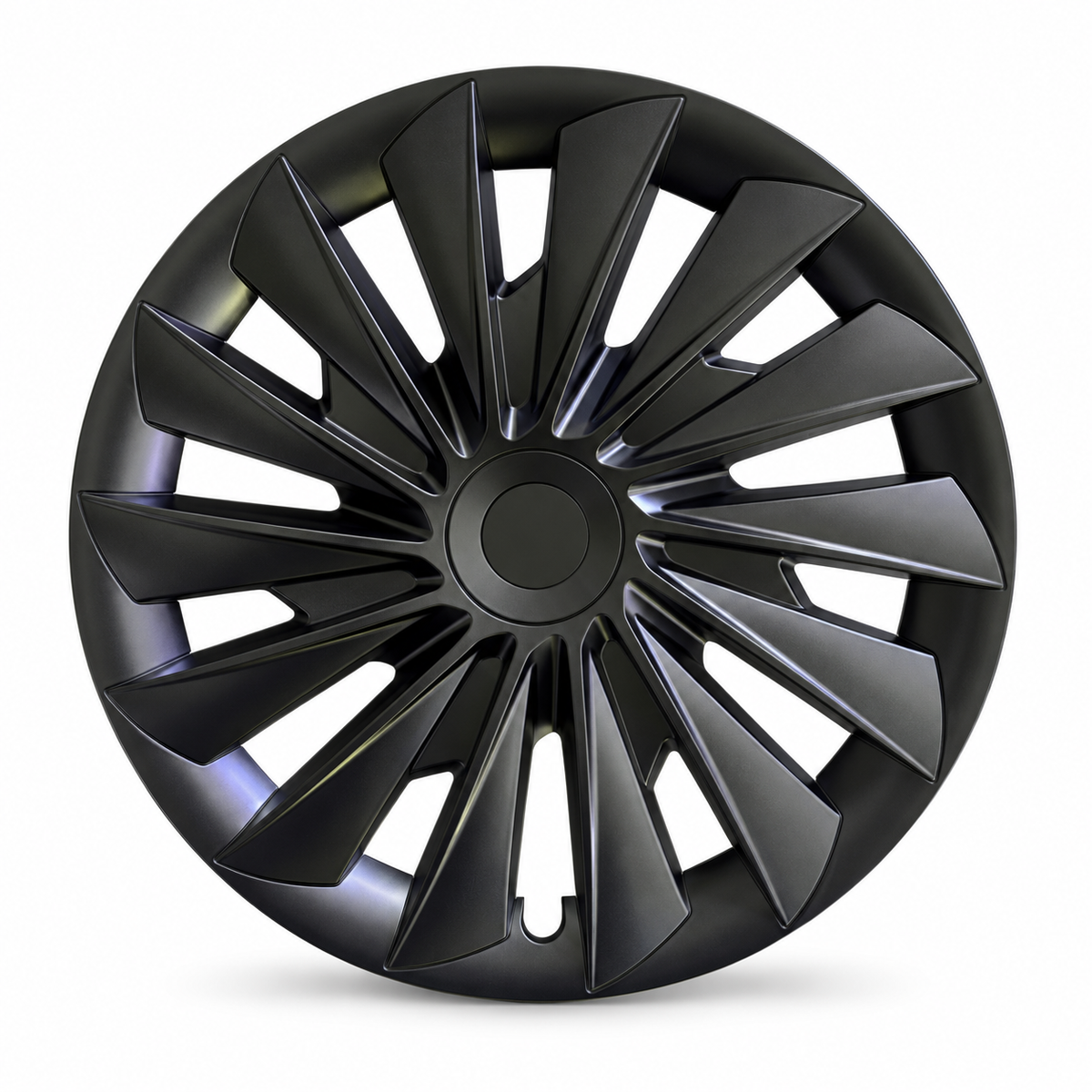 TERVELIO matte-black multi-spoke 18-inch wheel cover isolated on white, shown as one representative cover from the four-piece set.