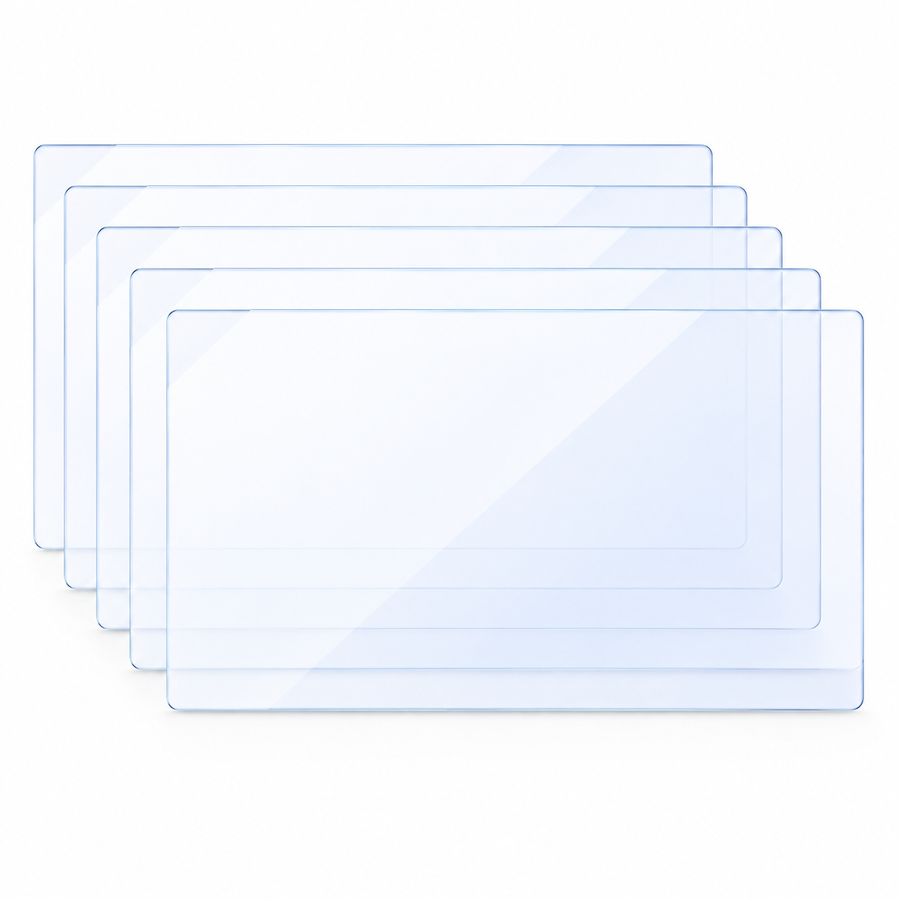 Five identical light blue-tinted tempered-glass protectors for the legacy Model Y center display on white