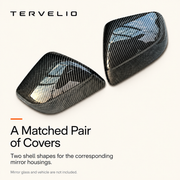 TERVELIO carbon-style mirror cover pair shown at tilted angles to display the separate shell shapes.