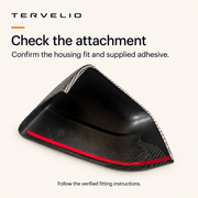 TERVELIO mirror cover viewed from the inside, showing the red backing strip along its curved attachment edge.