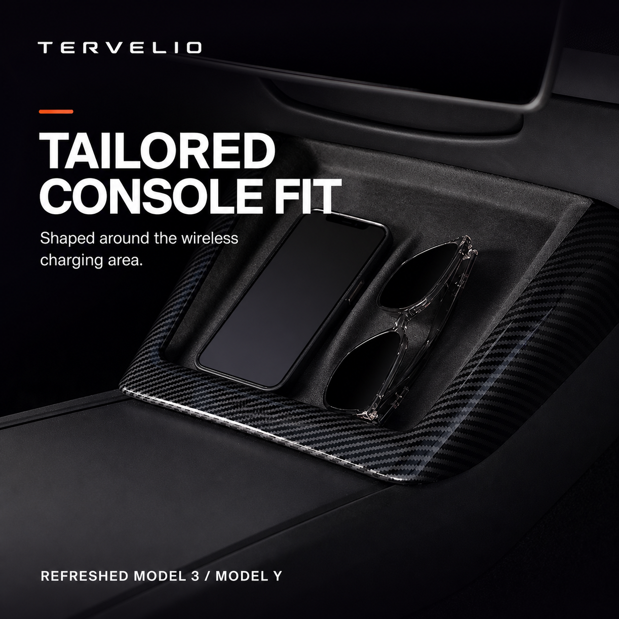 Wireless Charging U-Shape Trim for Refreshed Tesla Model 3/Y — Follows the console contour