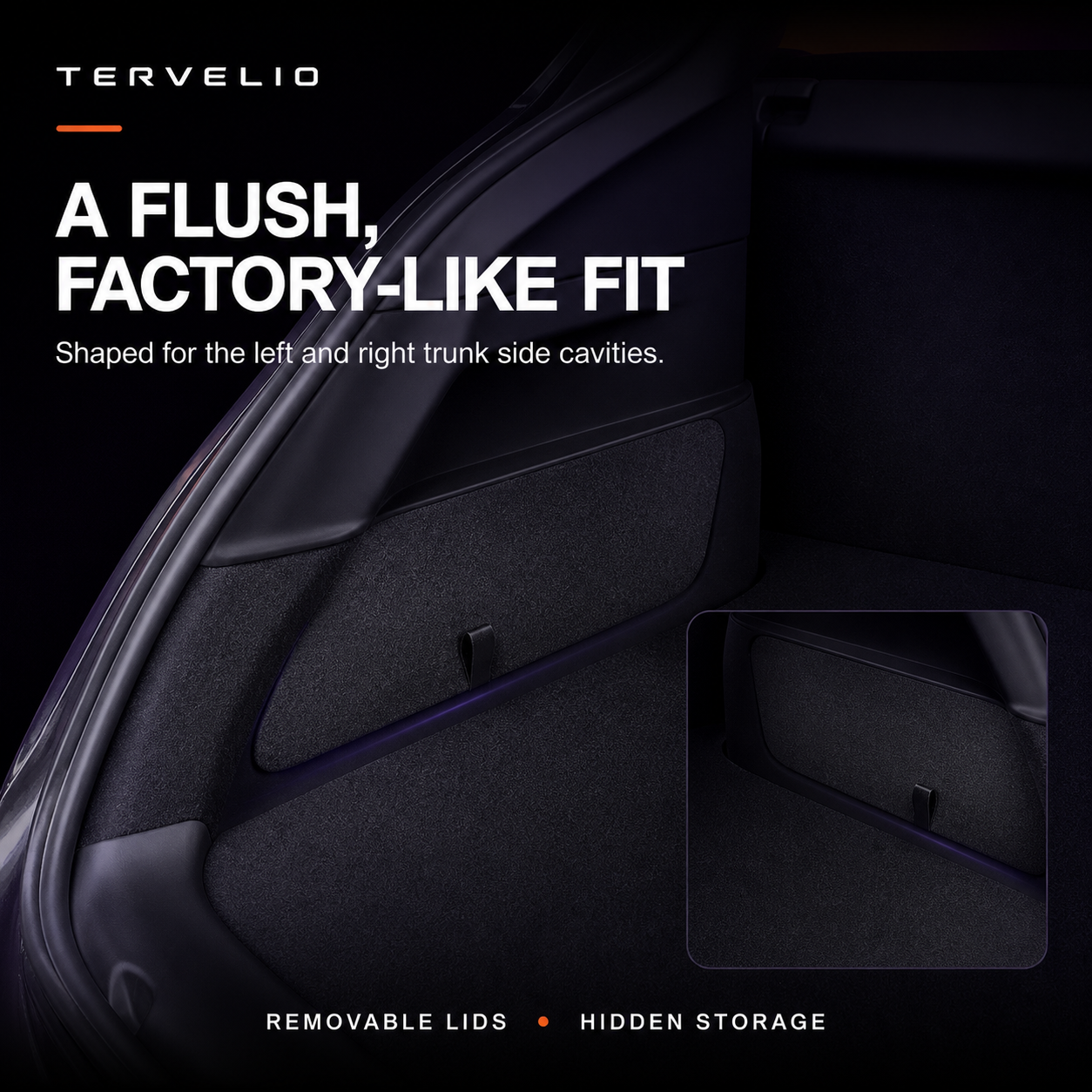Trunk Side Storage Bin Set for Refreshed Tesla Model 3/Y — Four-piece configuration