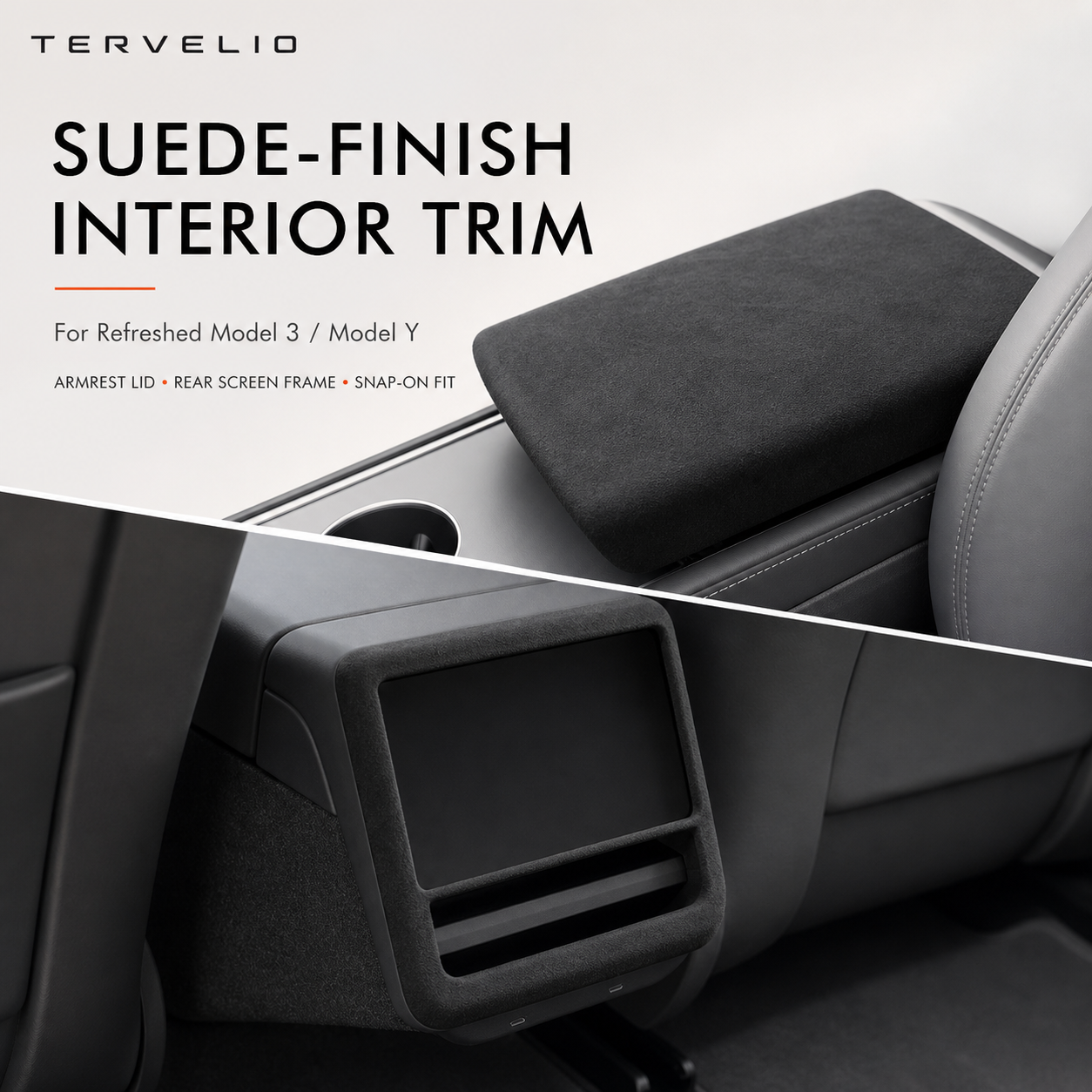 Suede Armrest and Rear Screen Trim for Refreshed Tesla Model 3/Y — product image 1