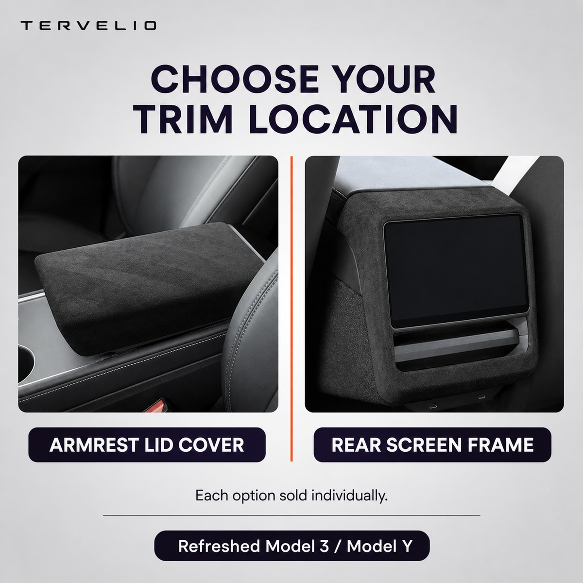 Suede Armrest and Rear Screen Trim for Refreshed Tesla Model 3/Y — Multiple color options