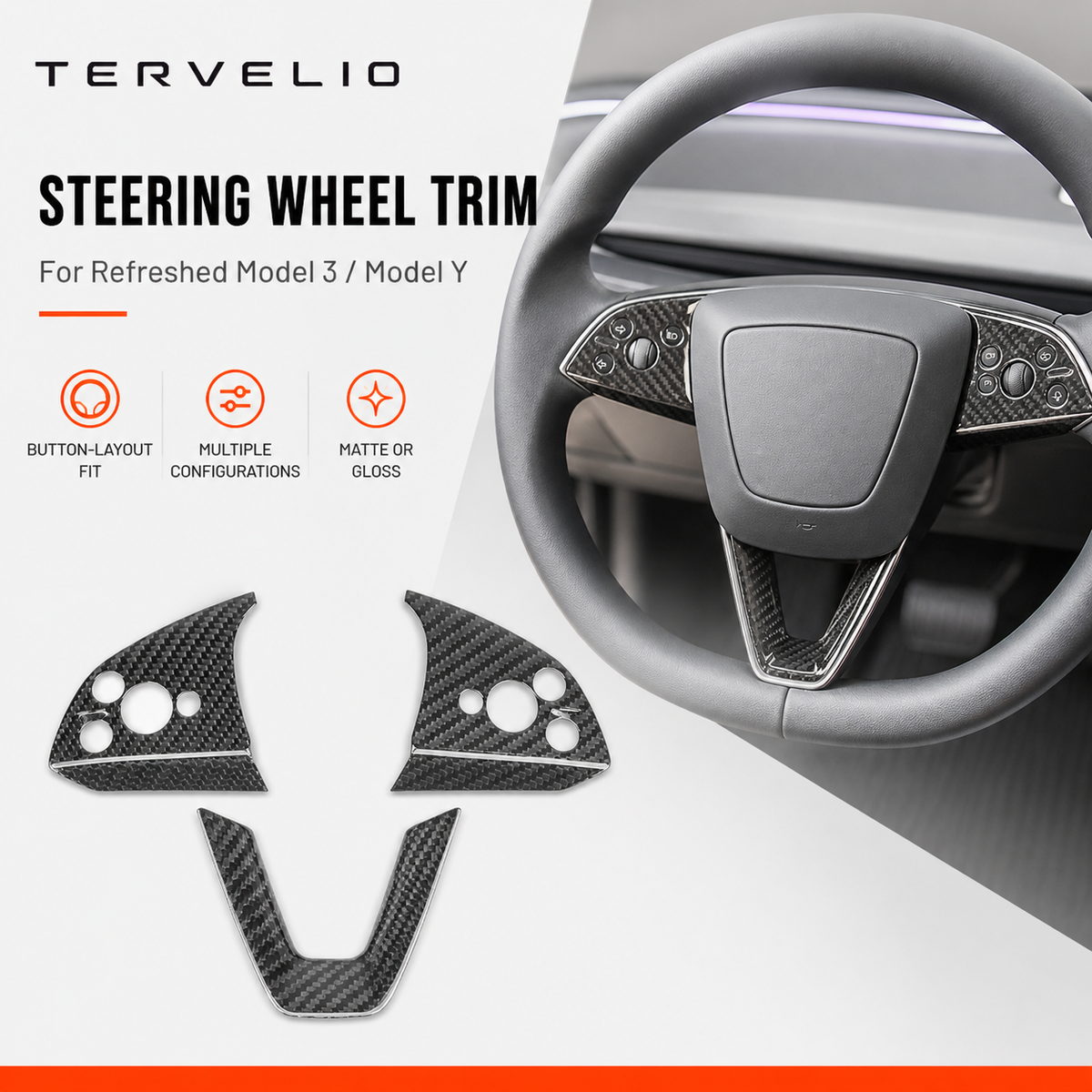 Carbon Fiber Steering Wheel Trim for Refreshed Tesla Model 3/Y — Multiple steering-wheel configurations