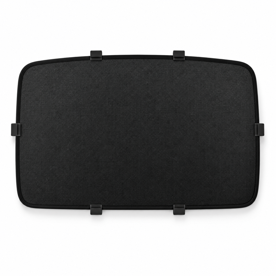 Black panoramic-roof shade panel on a white background, showing the woven surface and edge clips. One example panel is shown; this is not a complete package inventory.