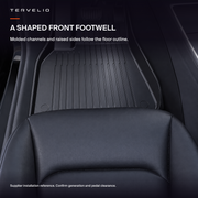 Supplier installation reference of a black molded TPE driver floor mat with raised sides and channels. AI-assisted cleanup.