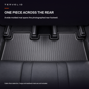 Supplier installation reference showing a wide black rear cabin floor mat and its stepped seat-rail outline. AI-assisted cleanup.