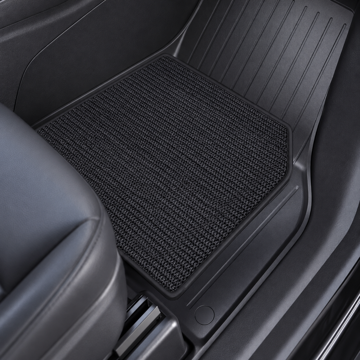 Supplier reference of a black carpet insert placed above a molded TPE floor mat, available only in the layered configuration. AI-assisted cleanup.