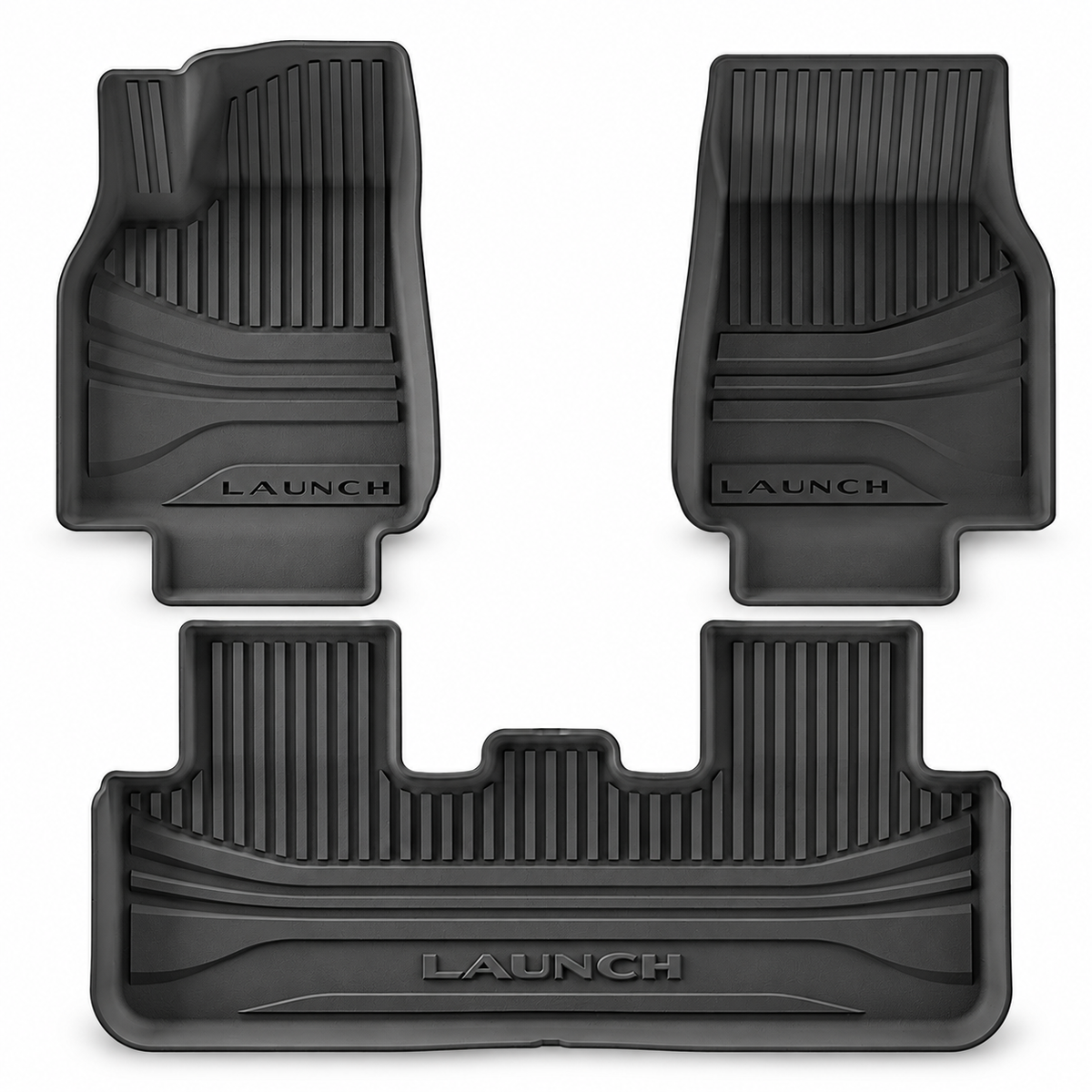 Complete product on white background — black single-layer TPE cabin floor-mat set for refreshed Model Y; AI-assisted supplier reference