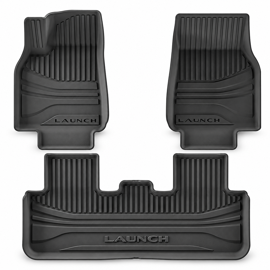 Complete product on white background — black single-layer TPE cabin floor-mat set for refreshed Model Y; AI-assisted supplier reference