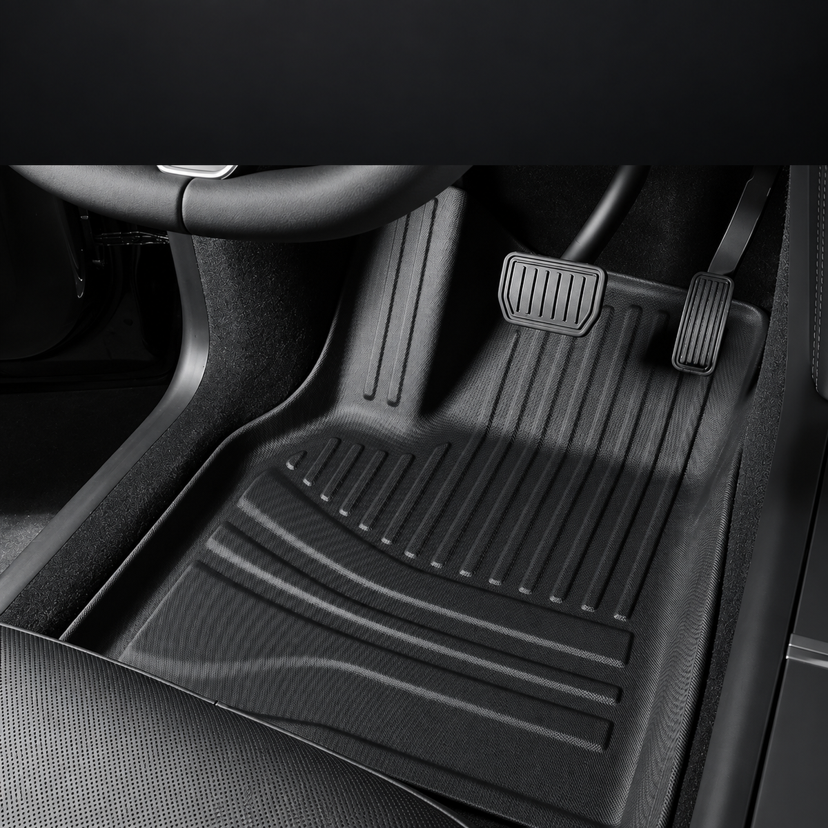 shaped for the footwell — black single-layer TPE cabin floor-mat set for refreshed Model Y; AI-assisted supplier reference