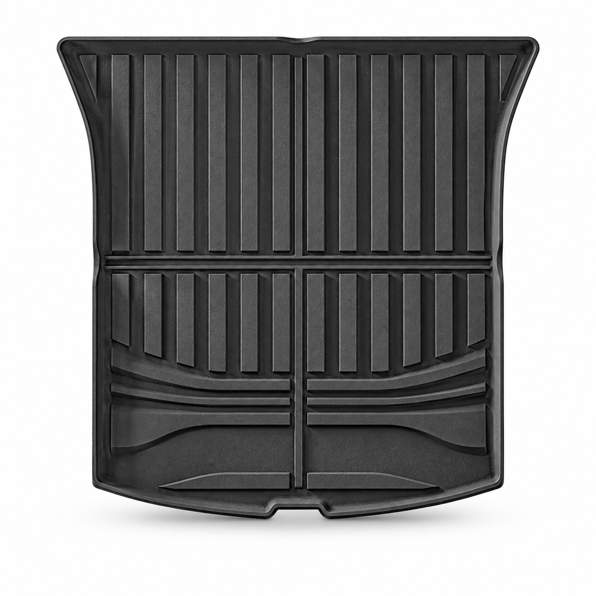 Complete product on white background — black TPE rear cargo mat for refreshed Model Y; AI-assisted supplier reference