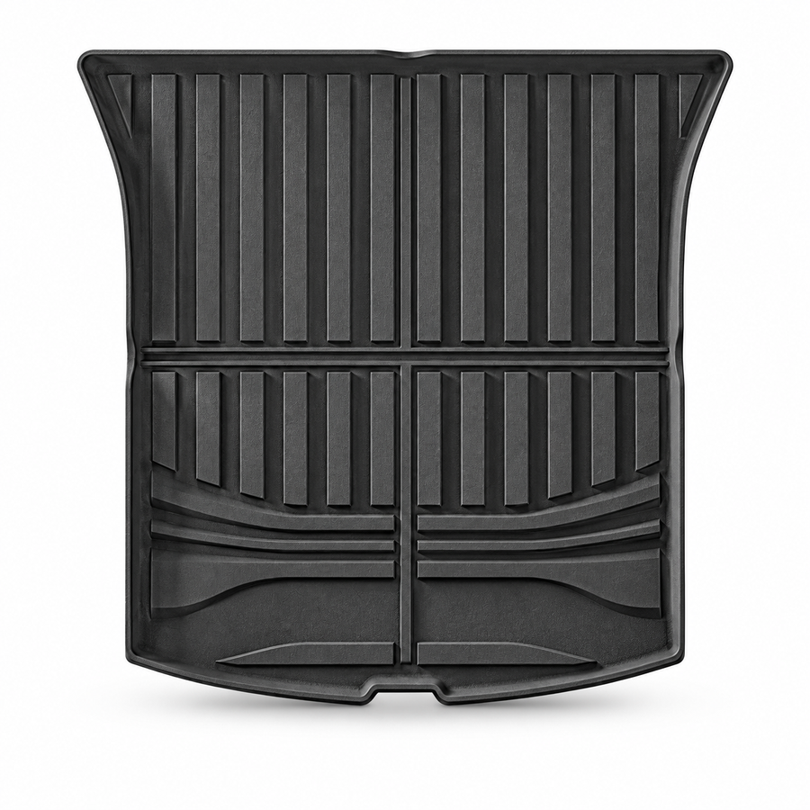 Complete product on white background — black TPE rear cargo mat for refreshed Model Y; AI-assisted supplier reference