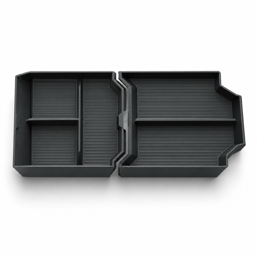 Cybertruck lower-console organizer and mat, normal open-compartment configuration on white