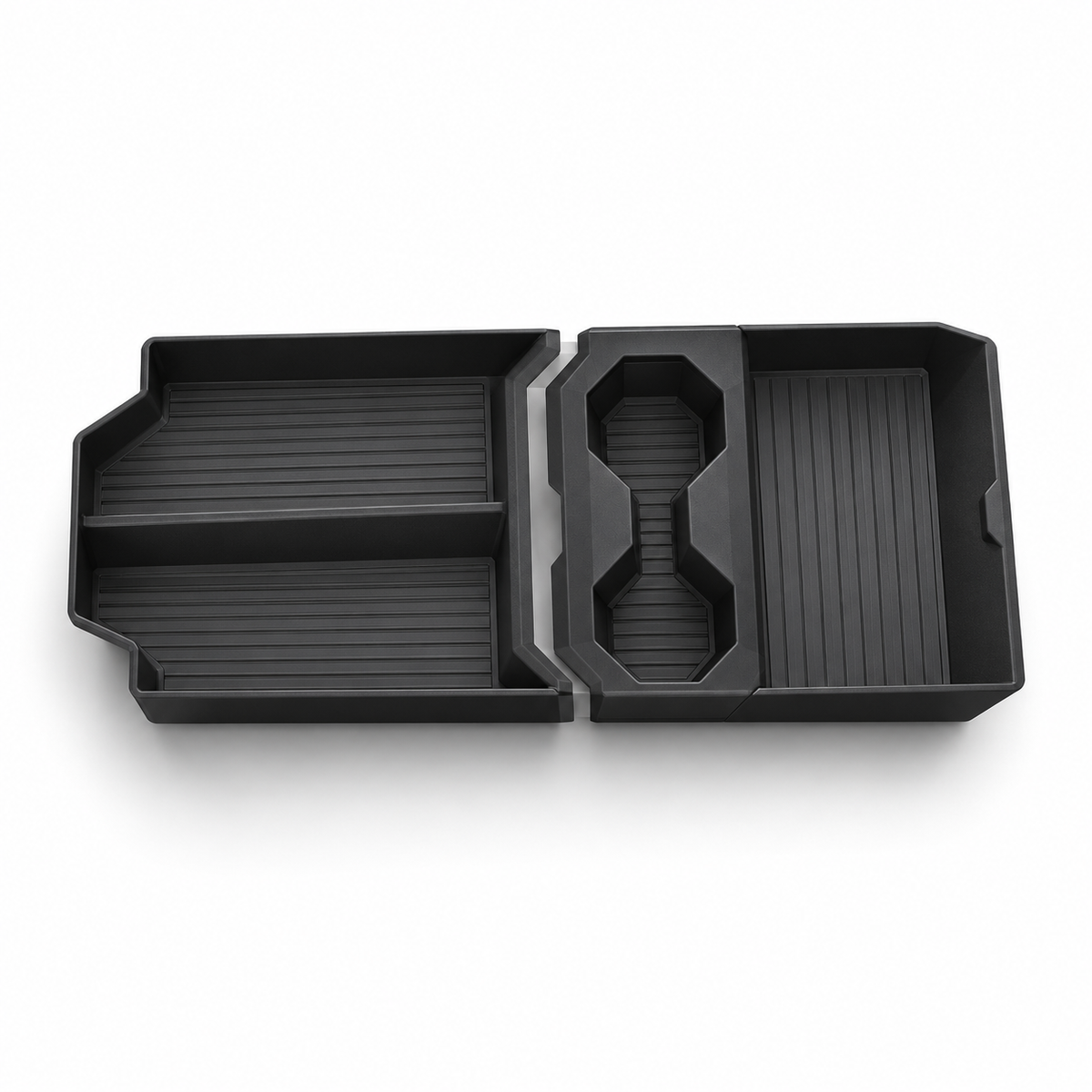 Cybertruck lower-console organizer and mat with central cup-holder structure on white