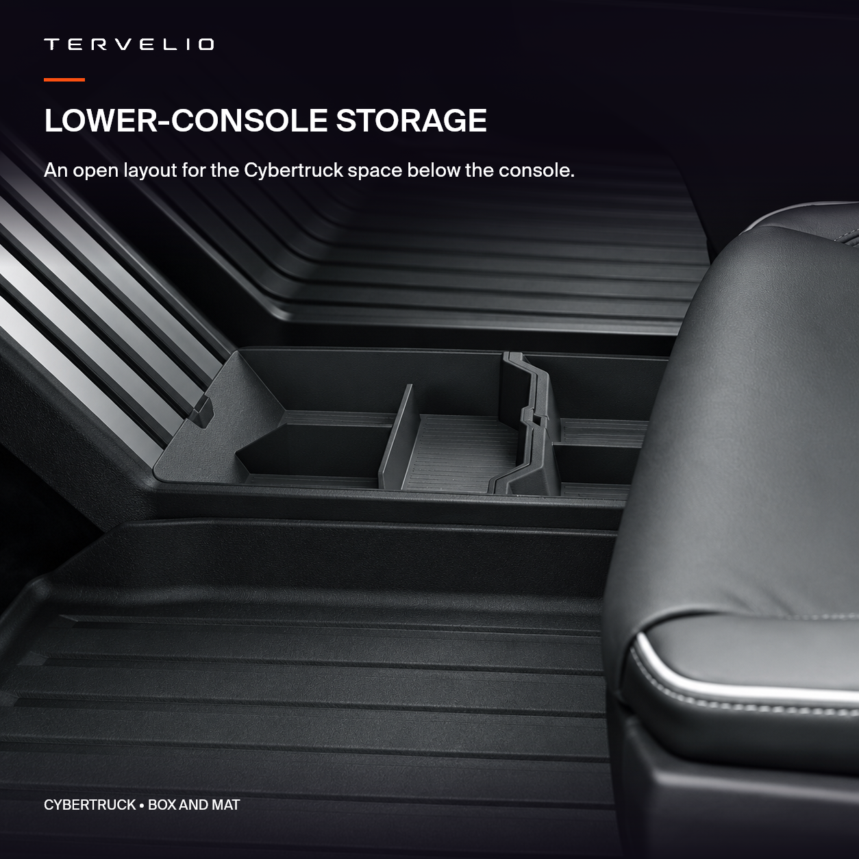 Normal Cybertruck lower-console box and mat installed below the center console