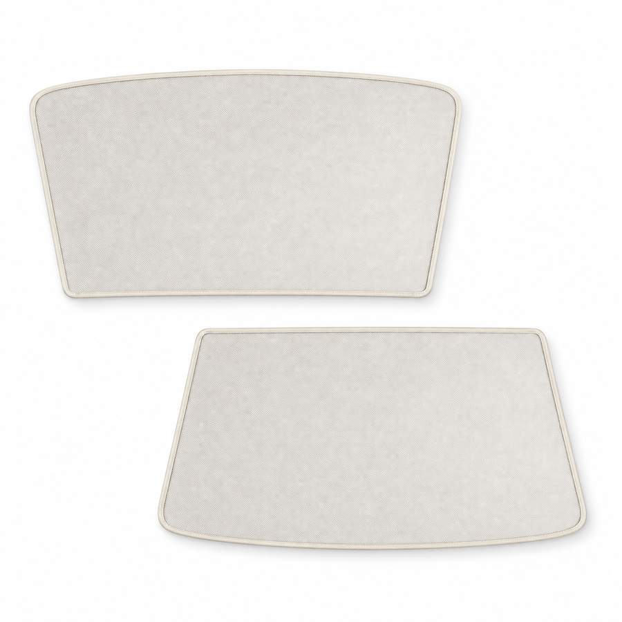 Two beige interior-facing roof-shade panels for the refreshed Tesla Model Y on a white background