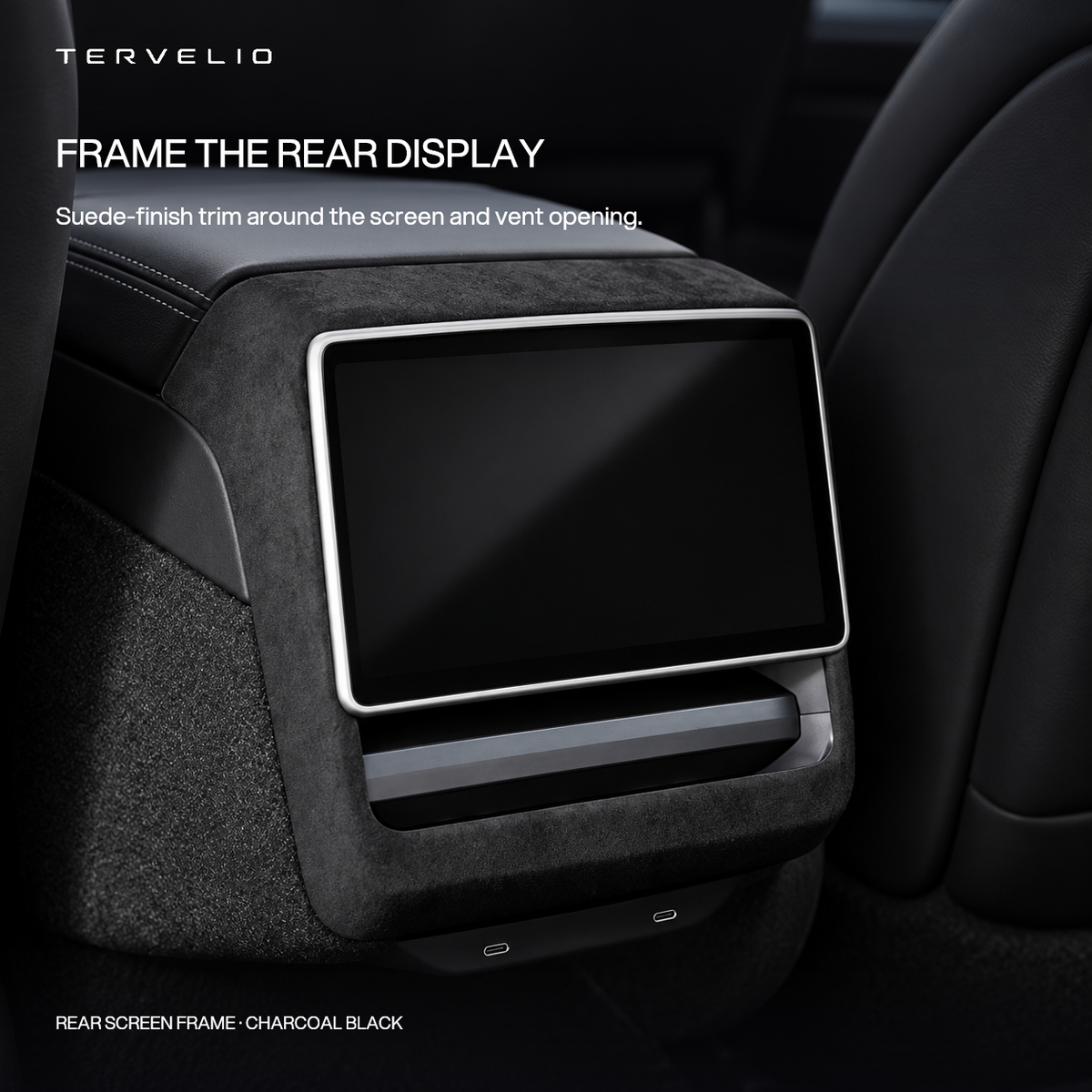 Charcoal suede-finish trim around a rear passenger display and vent opening.