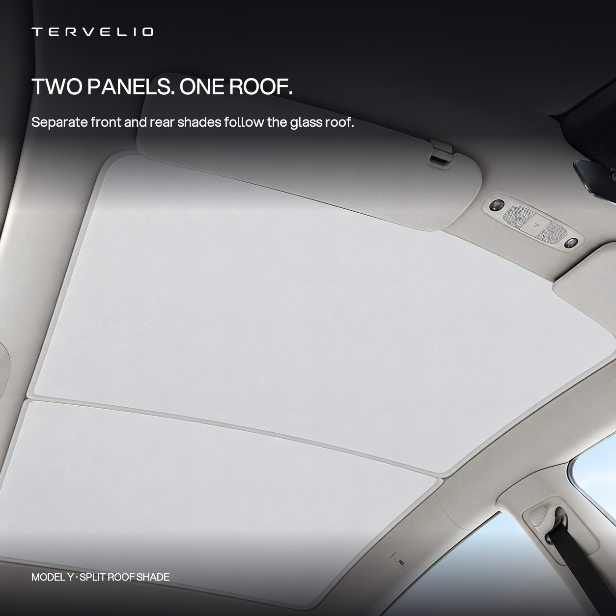 Pale split roof sunshade panels shown inside a Tesla Model Y cabin.