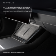 Gloss carbon-pattern U-shaped trim fitted around the original center-console charging pad.