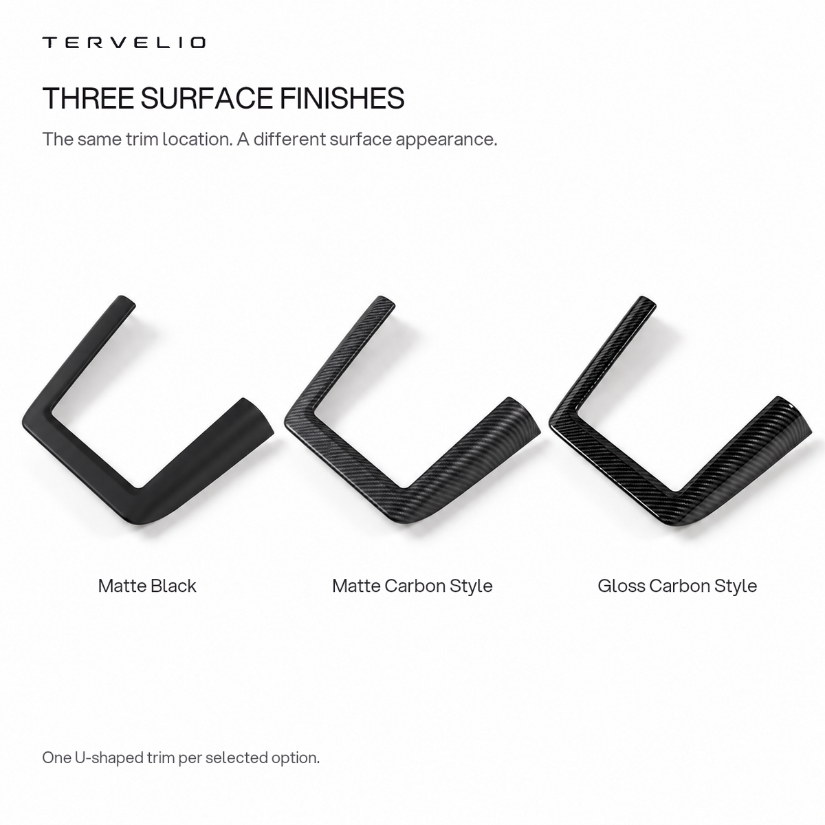 U-shaped wireless charging area trim in matte black, matte carbon style and gloss carbon style; one selected trim per option.