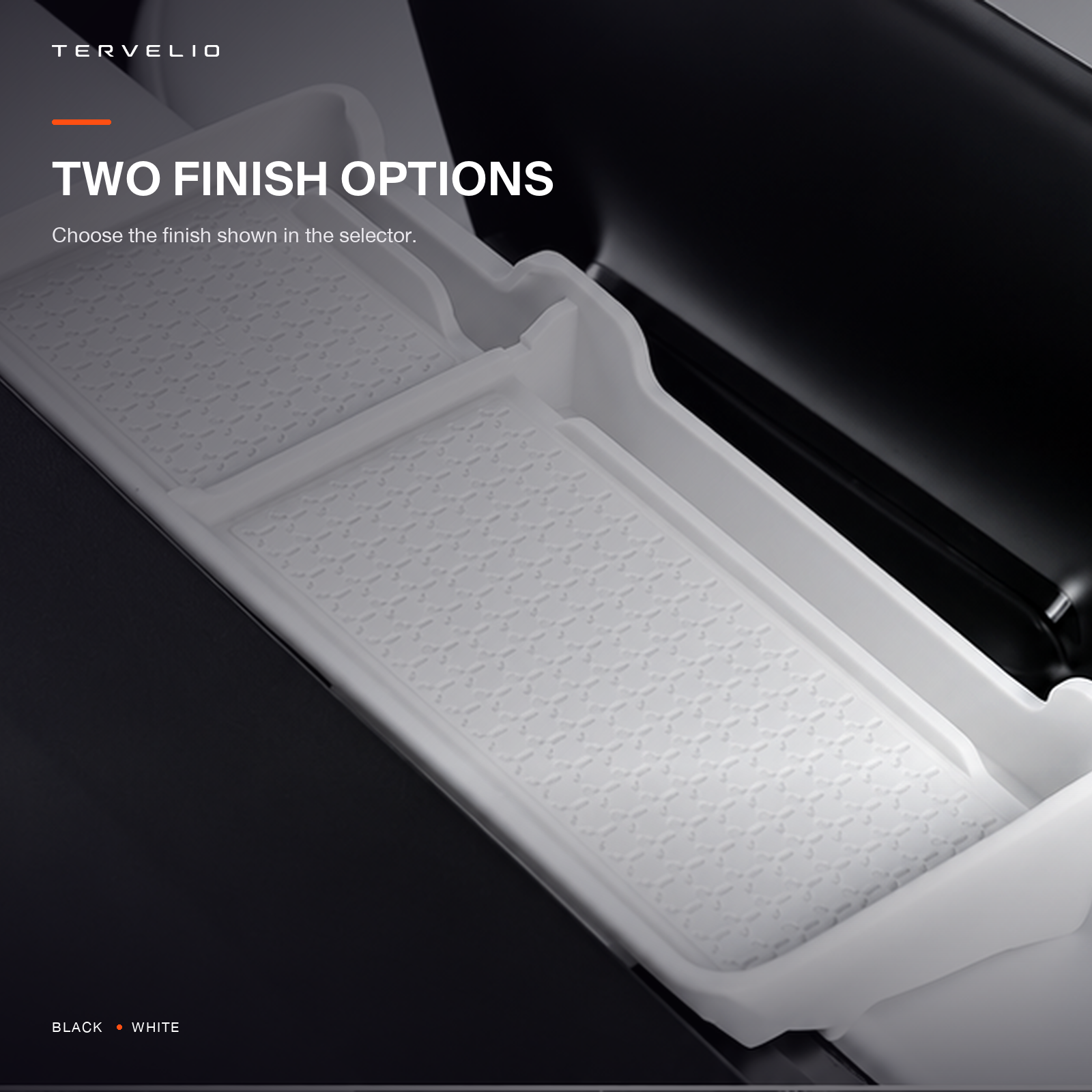 White and black dashboard organizer configurations shown installed behind the center display.