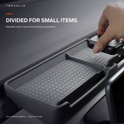 Divided dashboard organizer separating cards, keys and other small accessories.